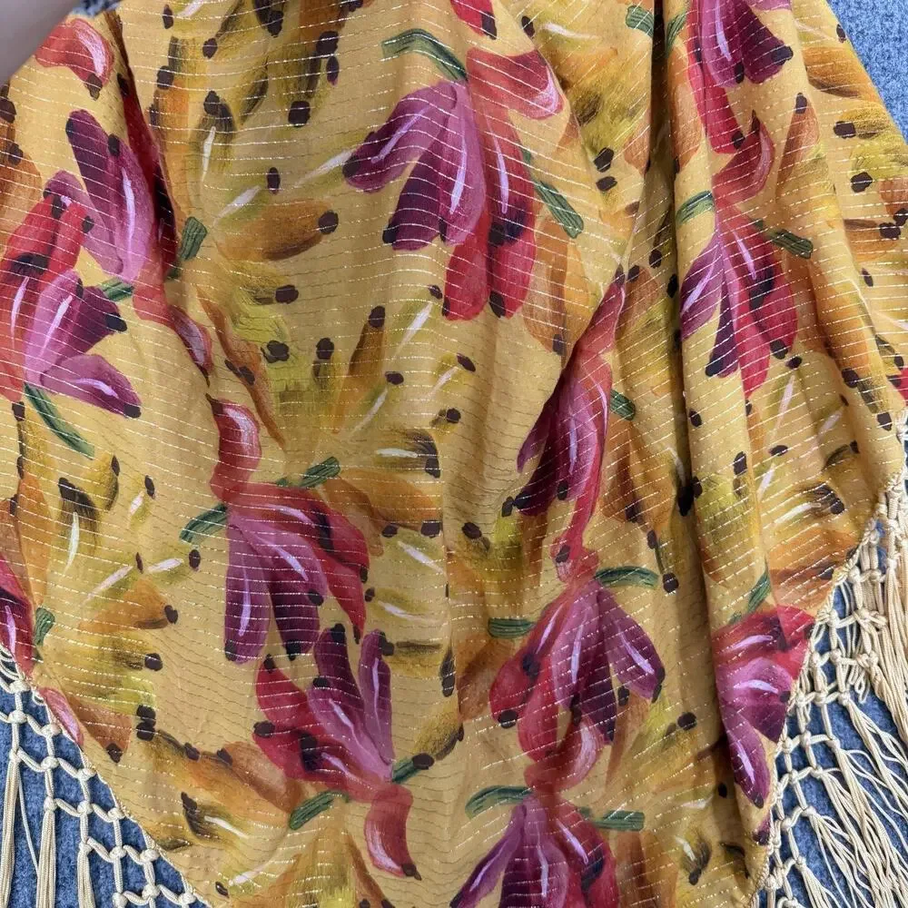 Farm Rio Wrap Shawl Coverup Sarong One Size Yellow Floral Stripe Fringe Boho